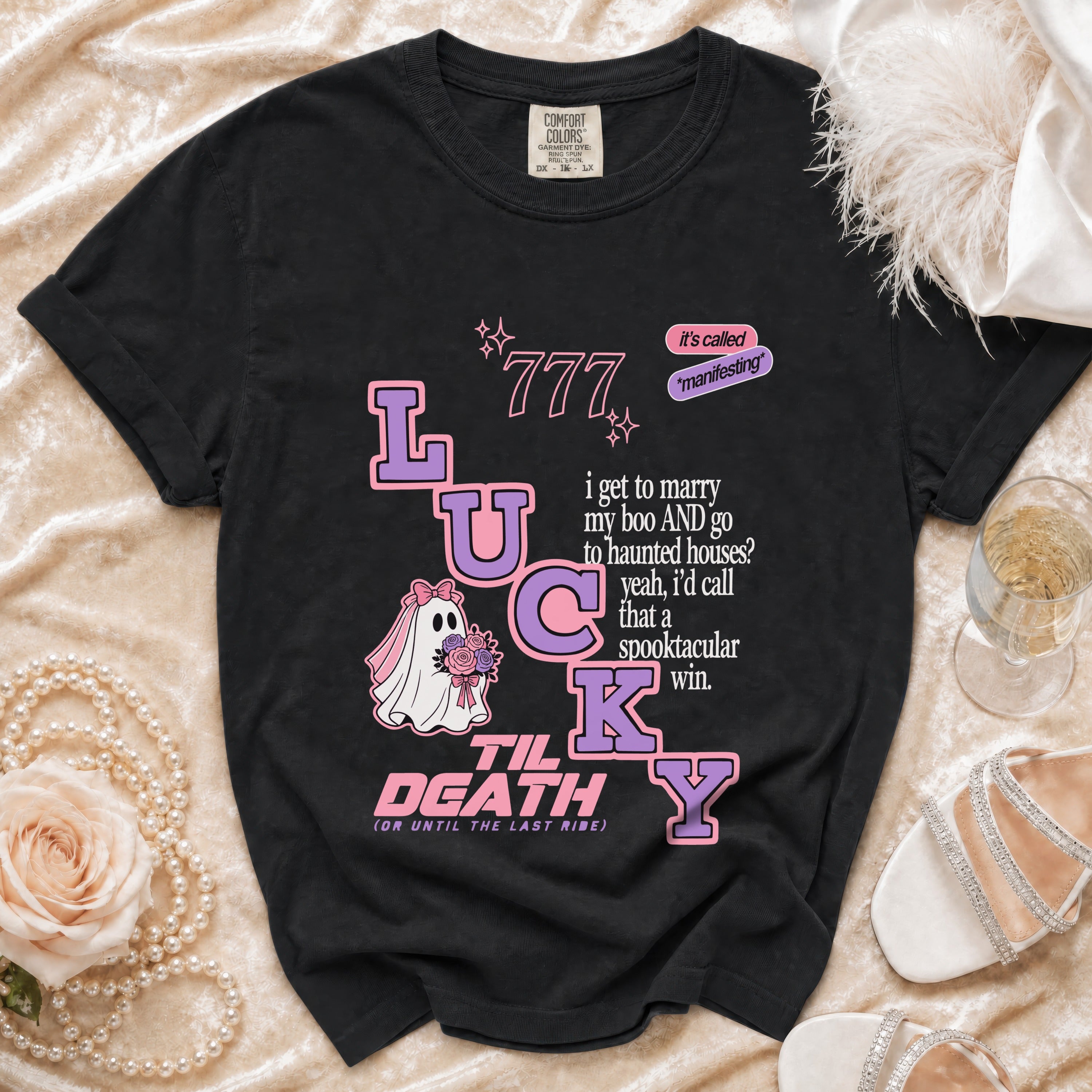 Black t-shirt with "LUCKY TIL DEATH" design, ghost bride, and funny wedding text.