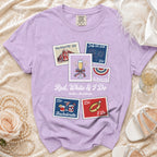 Red, White & I Do bachelorette t-shirt with postage stamp graphics.