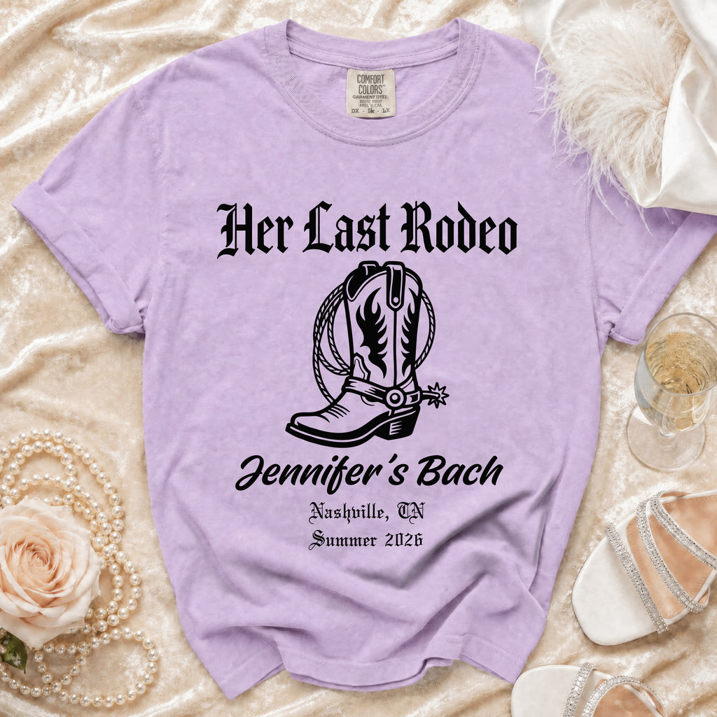 Lavender t-shirt with "Her Last Rodeo" and "Jennifer's Bach Nashville, TN Summer 2026."