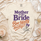 Cream t-shirt with "Mother of the Bride Boo-tifully Handling It!" text and ghost graphic.