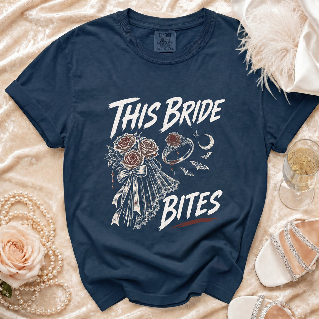 Dark blue t-shirt with "This Bride Bites" text and gothic wedding graphic.