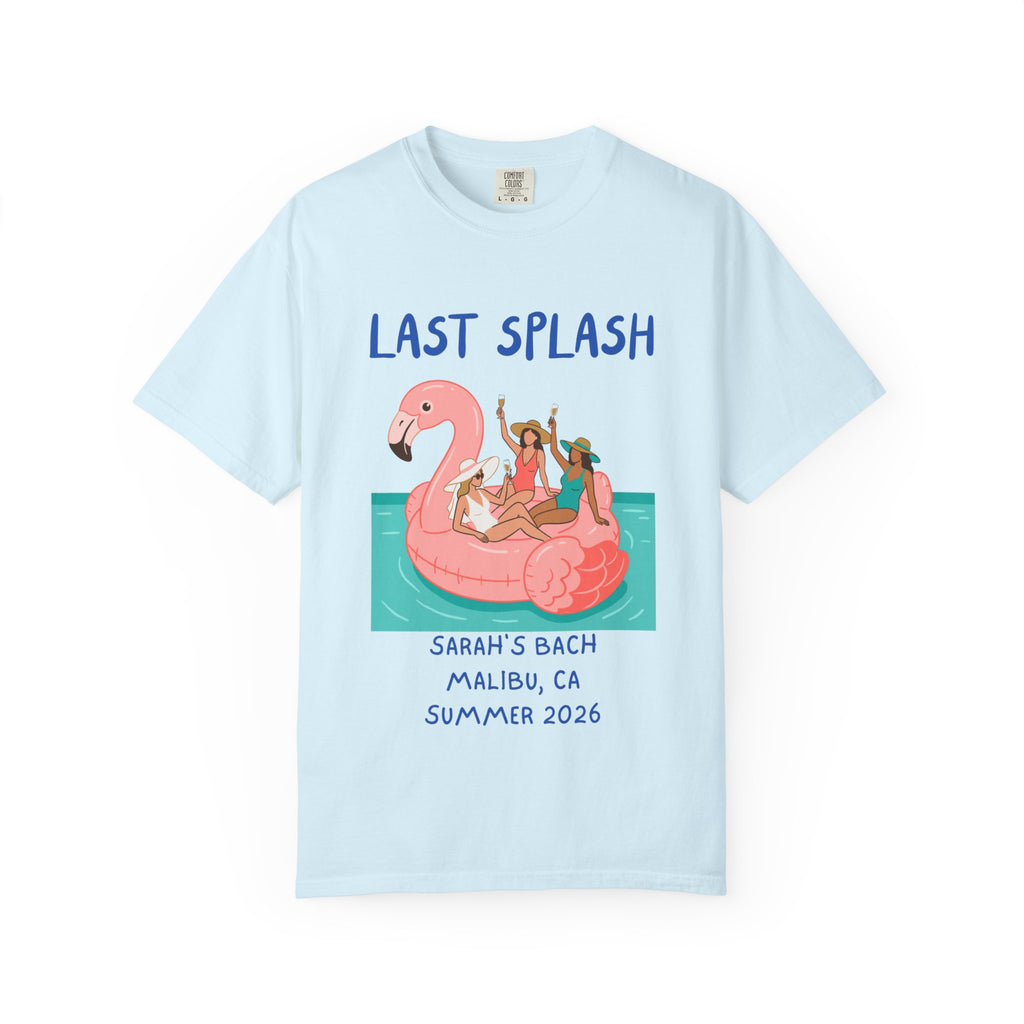 Light blue t-shirt graphic with "Last Splash" text and women on flamingo float.