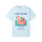 Light blue t-shirt graphic with "Last Splash" text and women on flamingo float.