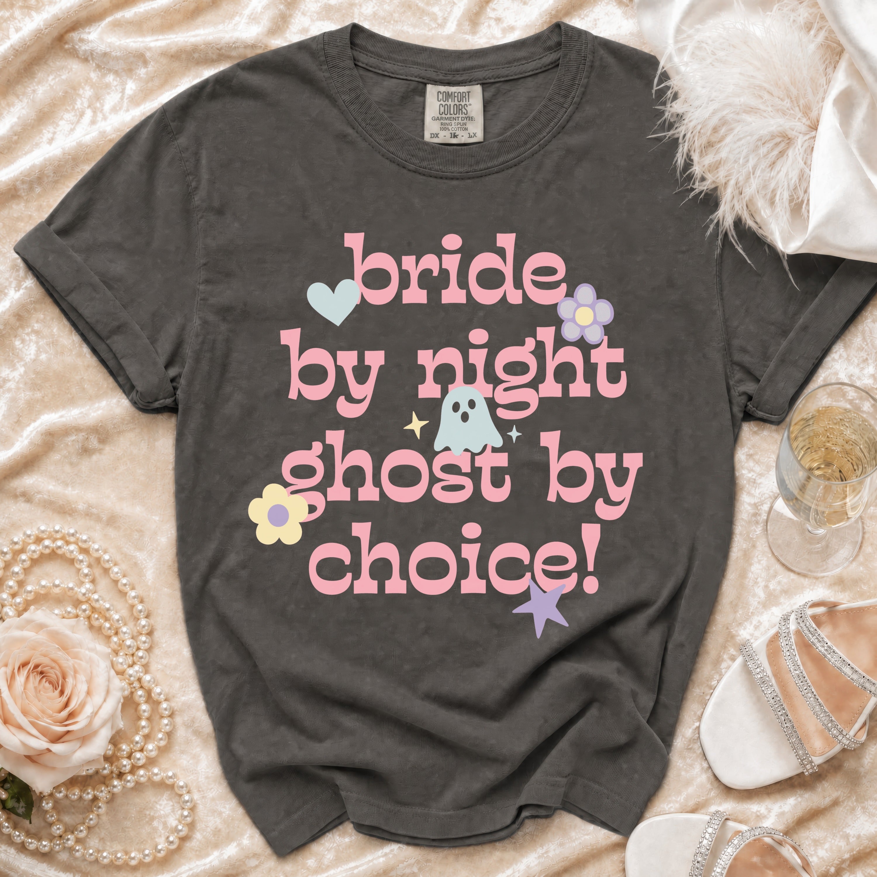 Dark grey t-shirt with "bride by night ghost by choice!" text and graphics.