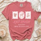 T-shirt with "Last Splash Sarah's Bach Malibu, CA, Summer 2026" text.