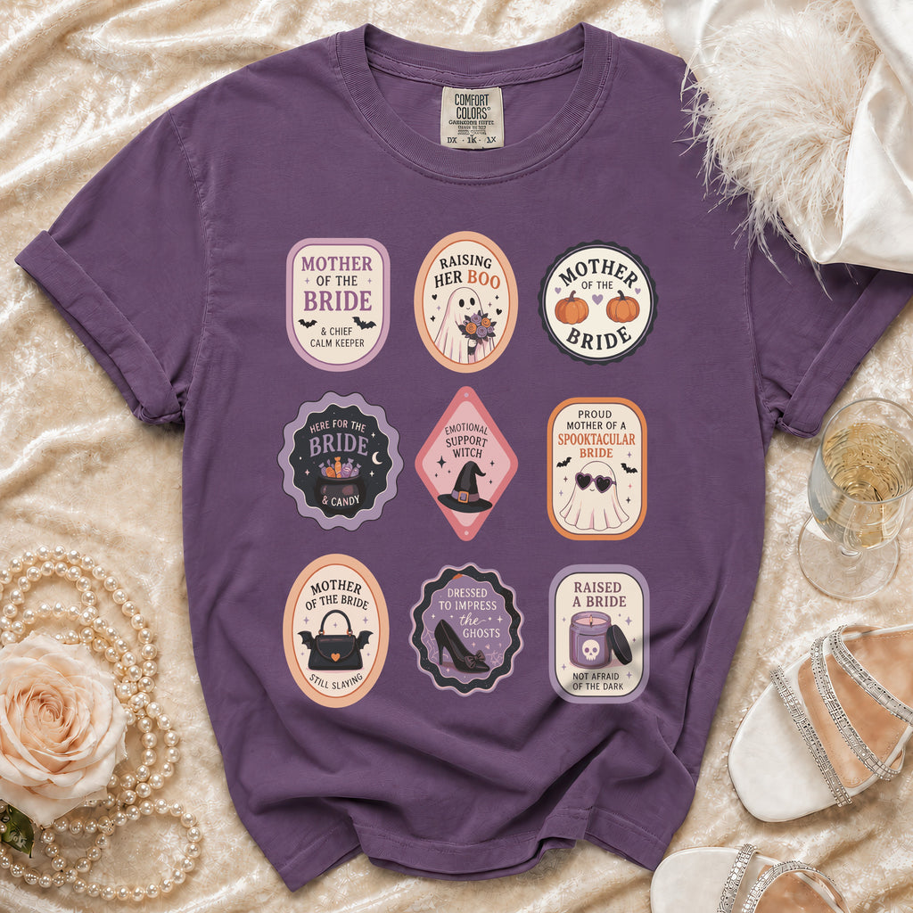 Purple t-shirt with nine Halloween-themed oval patches for brides and their mothers.