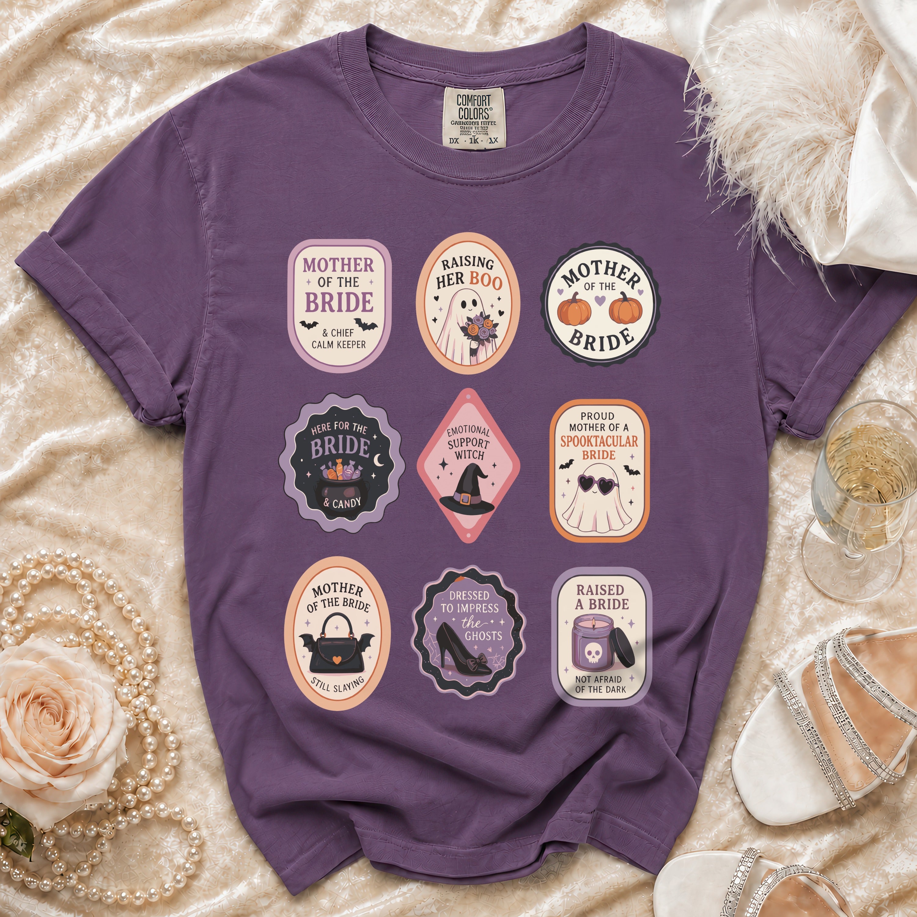 Purple t-shirt with nine Halloween-themed oval patches for brides and their mothers.
