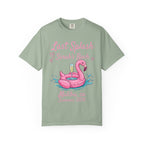T-shirt with pink flamingo float, champagne, and text "Last Splash Sarah's Bach Malibu, ca Summer 2026".