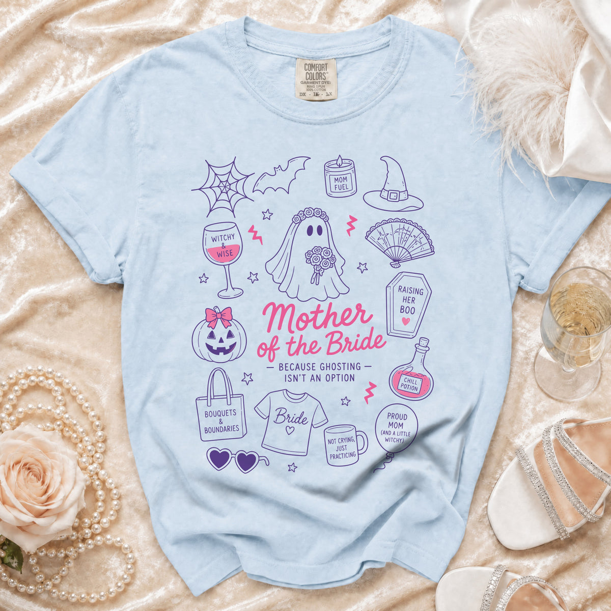 Light blue t-shirt with "Mother of the Bride" and Halloween-themed ghost bride graphic.