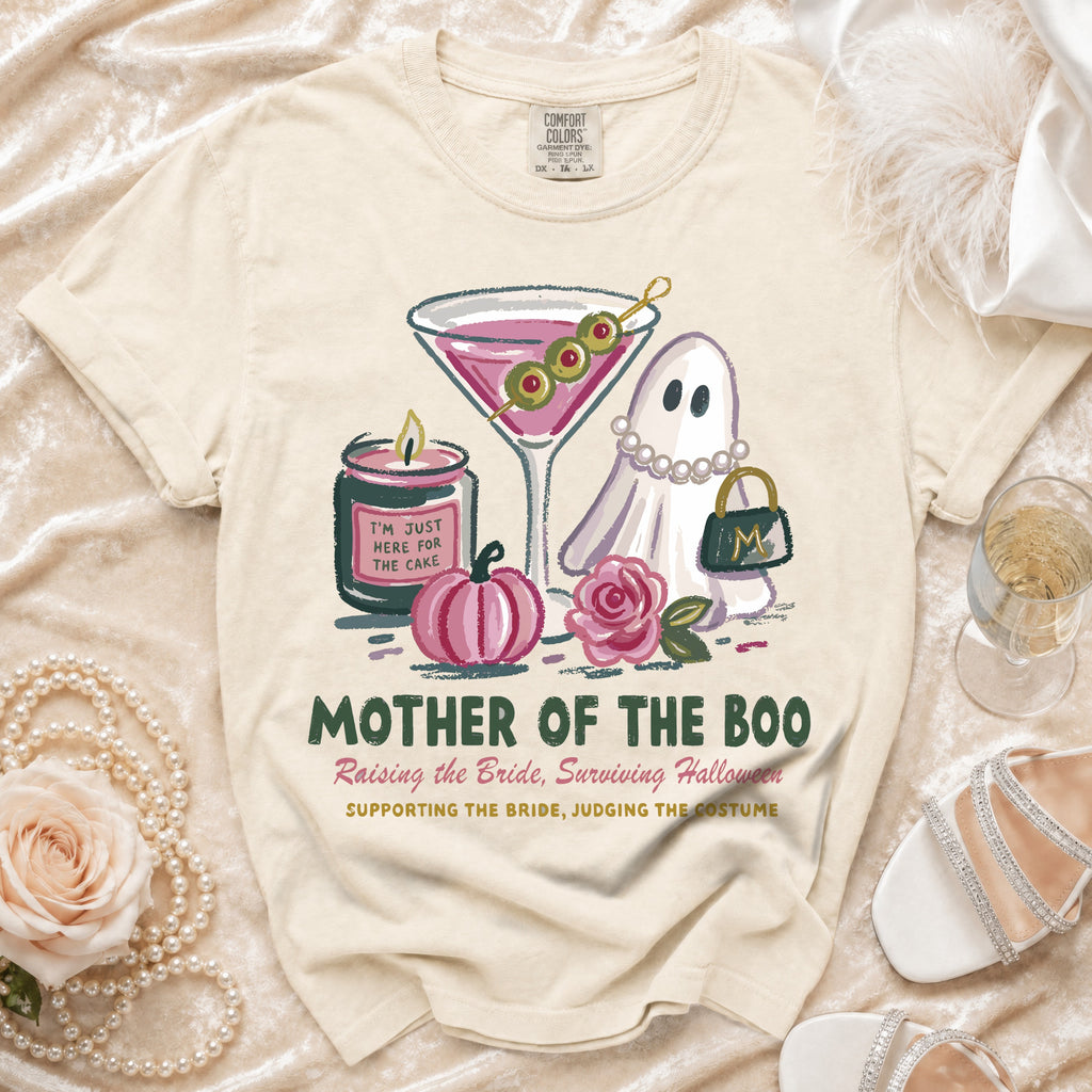 Cream t-shirt with "Mother of the Boo" graphic featuring a ghost and martini.