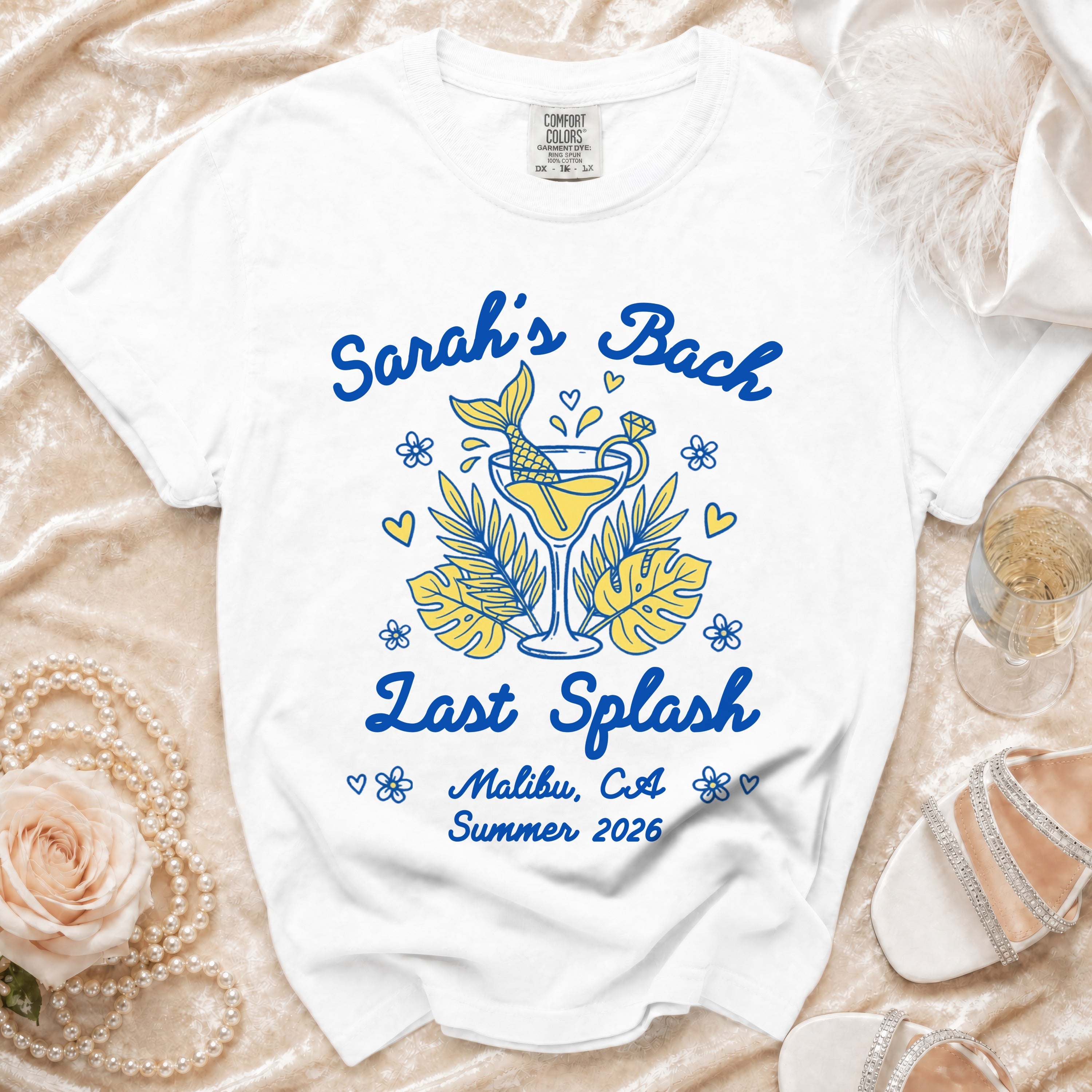 White t-shirt with "Sarah's Bach Last Splash Malibu, CA Summer 2026" design.