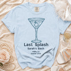 Light blue t-shirt with "Last Splash Sarah's Bach Malibu, CA Summer 2026" and martini glass graphic.