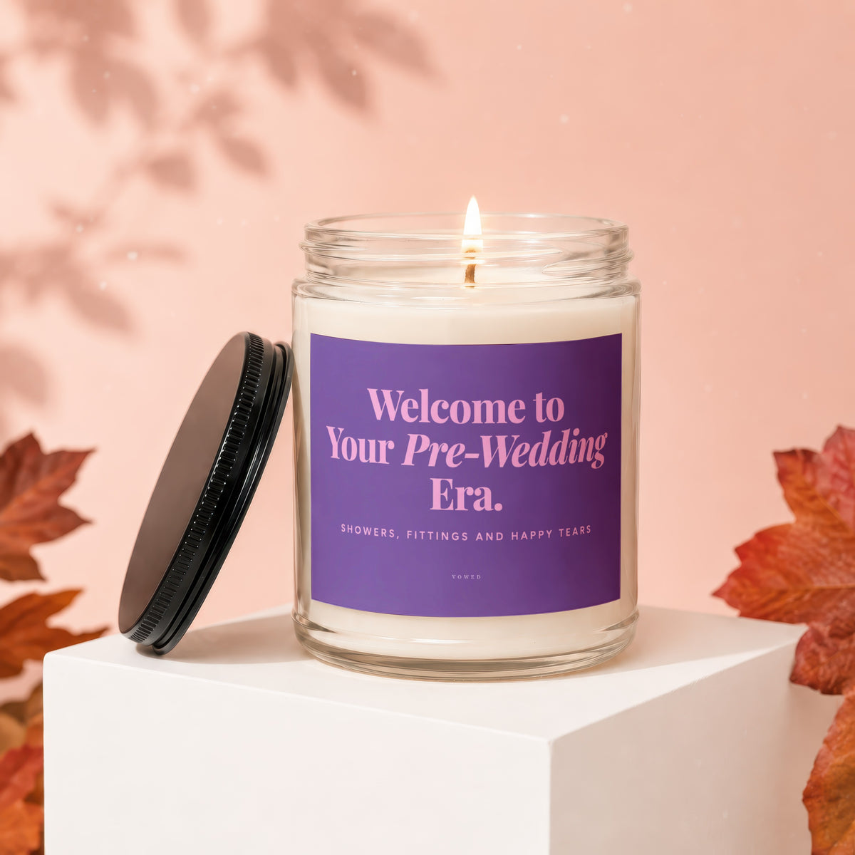 Candle labeled "Welcome to Your Pre-Wedding Era."