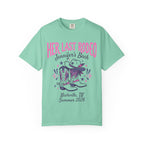 Mint green t-shirt with "Her Last Rodeo" and cowgirl boots graphic.