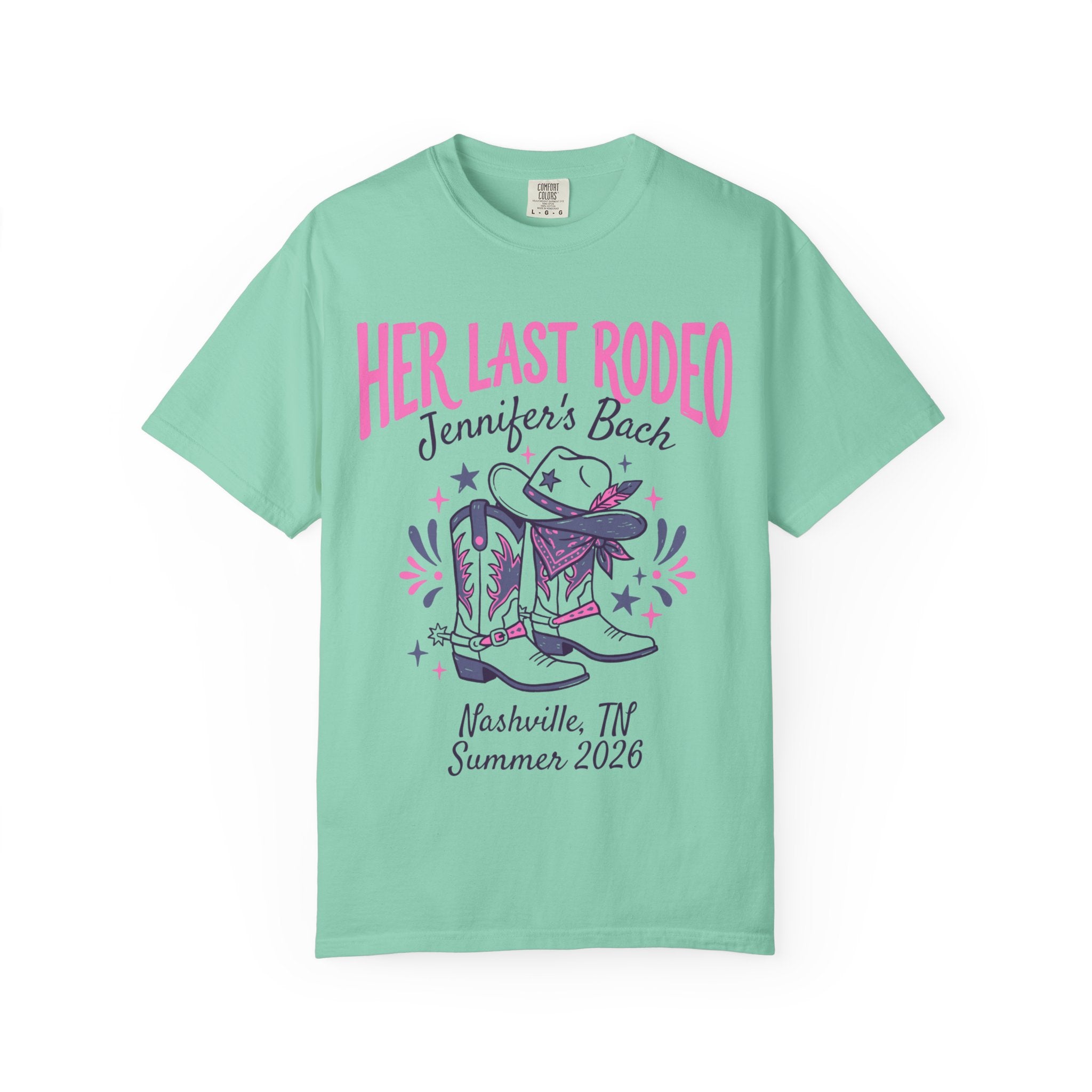Mint green t-shirt with "Her Last Rodeo" and cowgirl boots graphic.