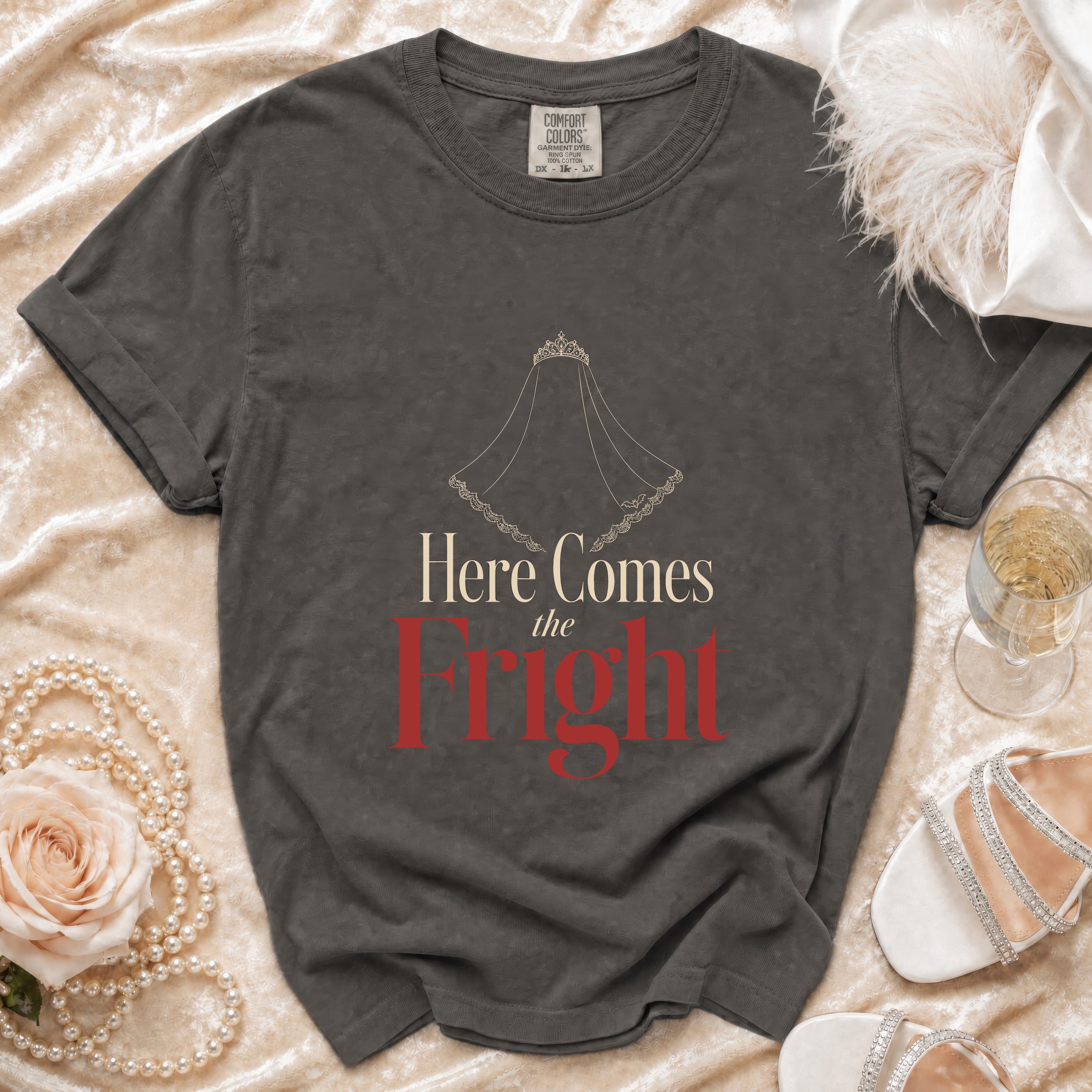 Dark grey t-shirt with "Here Comes the Fright" text and a wedding veil graphic.