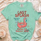 T-shirt with "Last Splash Sarah's Bach Malibu, CA Summer 2026" text.
