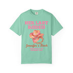 Mint t-shirt with pink "Her Last Rodeo" text, cowboy hat, and bachelorette details.