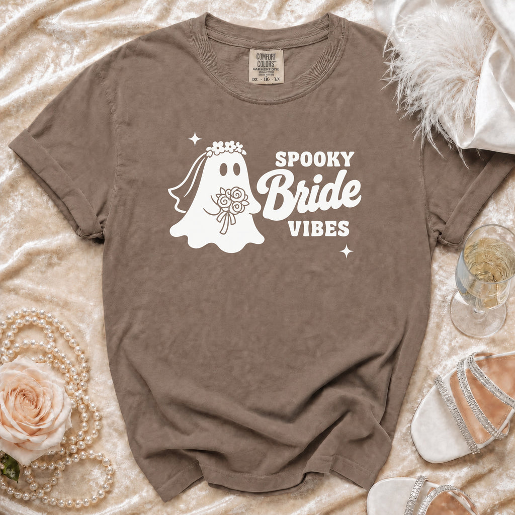 Brown t-shirt with "Spooky Bride Vibes" graphic featuring a ghost bride.