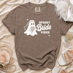 Brown t-shirt with "Spooky Bride Vibes" graphic featuring a ghost bride.
