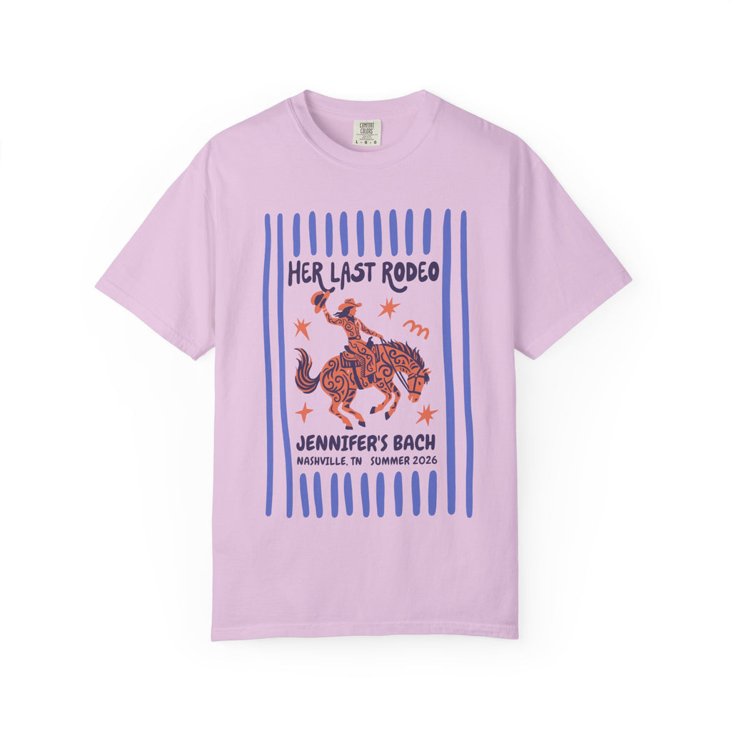 Lavender t-shirt with "Her Last Rodeo" and "Jennifer's Bach" text.