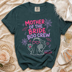 Dark green t-shirt with "Mother of the Bride Boo Crew" text and ghost graphic.