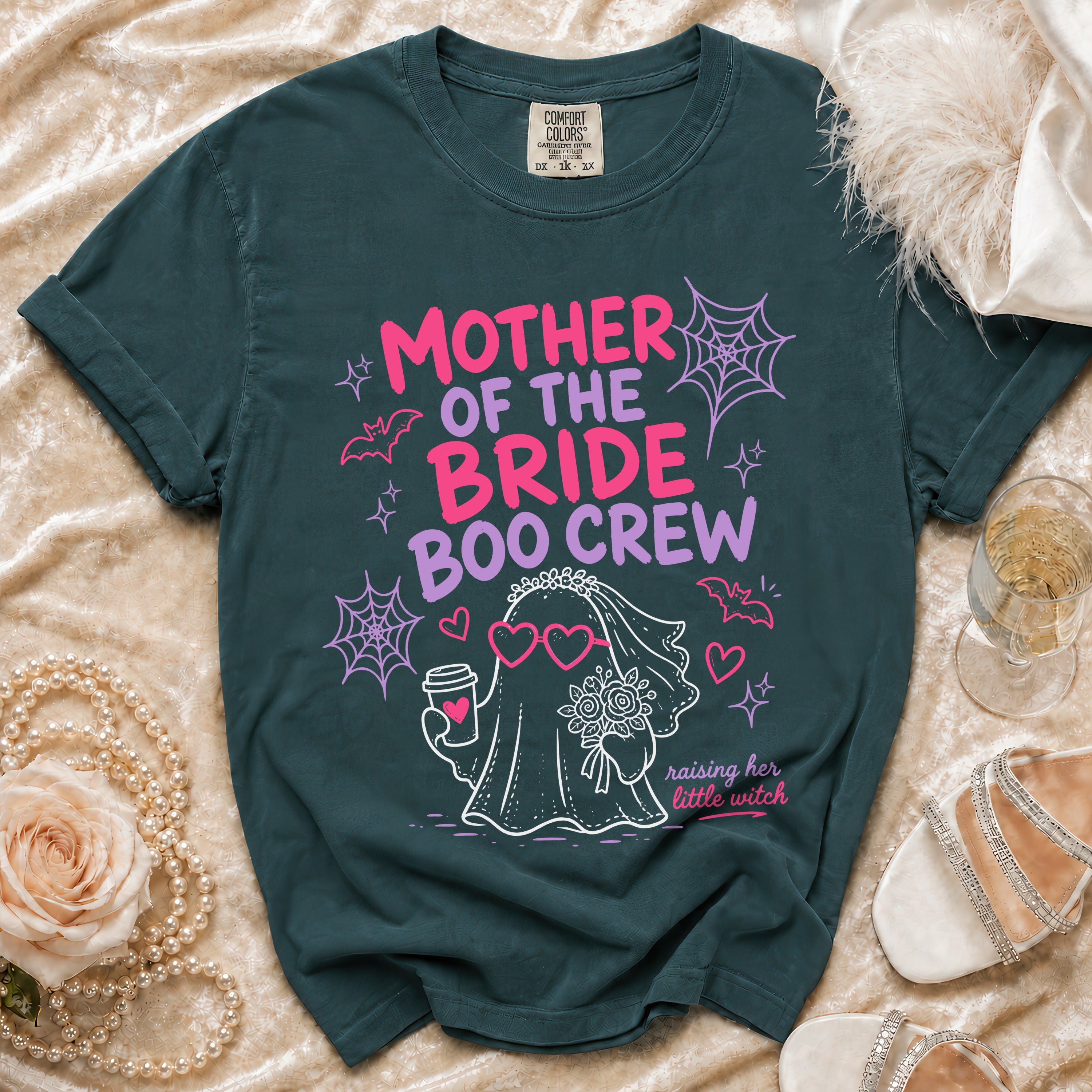 Dark green t-shirt with "Mother of the Bride Boo Crew" text and ghost graphic.