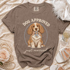 Brown t-shirt with "Dog Approved Just Married" and a dog graphic.