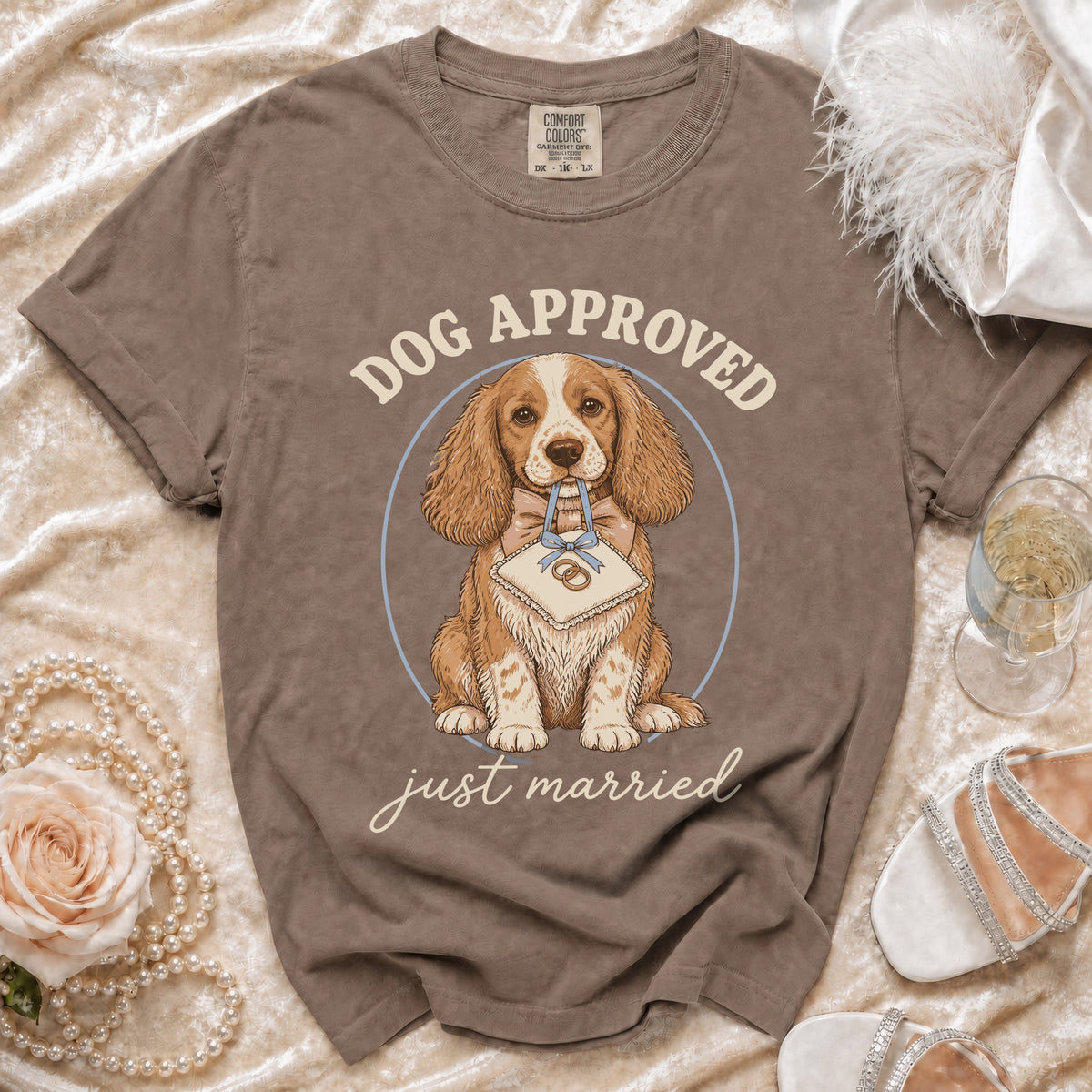 Brown t-shirt with "Dog Approved Just Married" and a dog graphic.