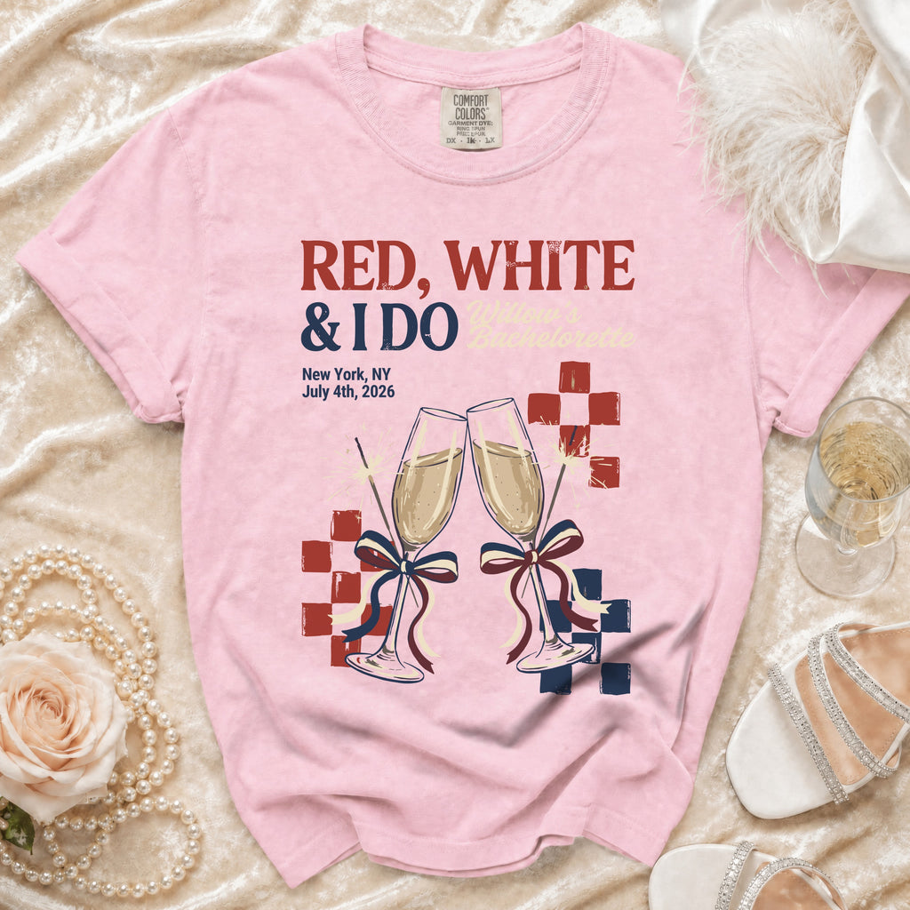 Red, White & I DO Willow's Bachelorette New York July 4th, 2026 champagne glasses.