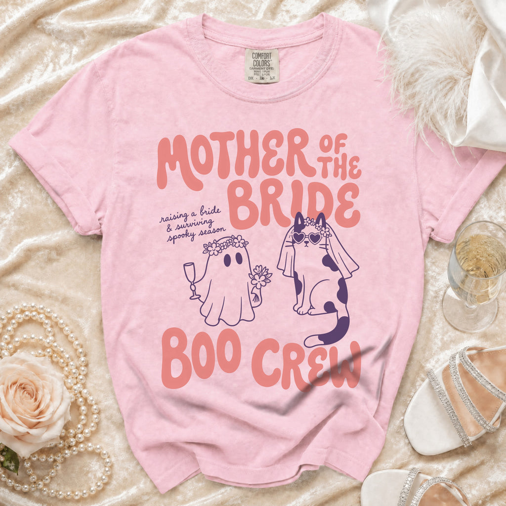 Pink t-shirt with "Mother of the Bride Boo Crew" graphic featuring a ghost and cat.