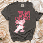 Dark gray t-shirt with "This girl needs a spicy marg" text and margarita illustration.