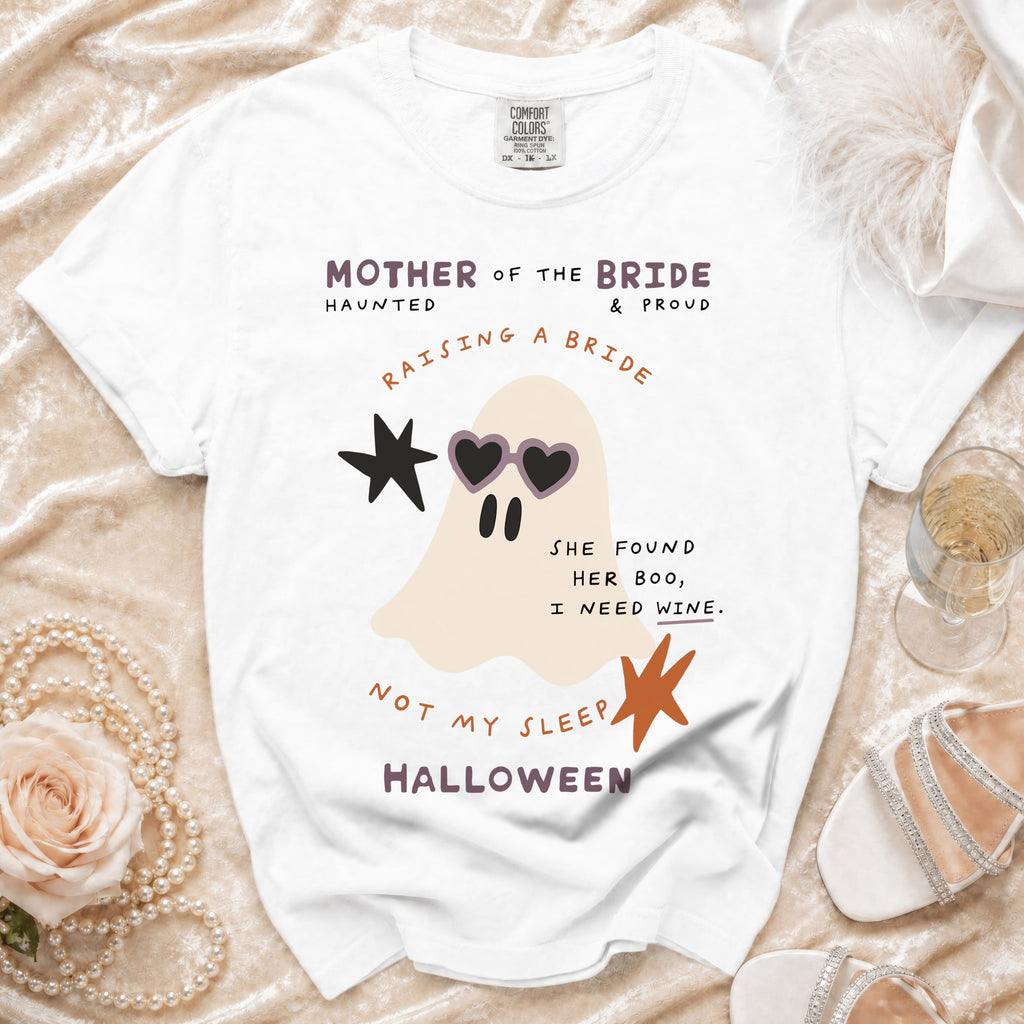 White t-shirt with "Mother of the Bride" graphic, a ghost, and Halloween text.