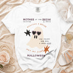White t-shirt with "Mother of the Bride" graphic, a ghost, and Halloween text.