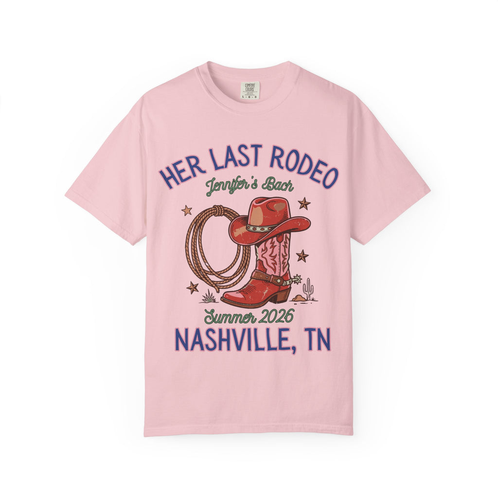 Pink t-shirt with "Her Last Rodeo" cowgirl boot and lasso graphic.