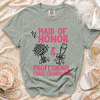 Maid of Honor professional chaos coordinator t-shirt with floral and champagne graphics.