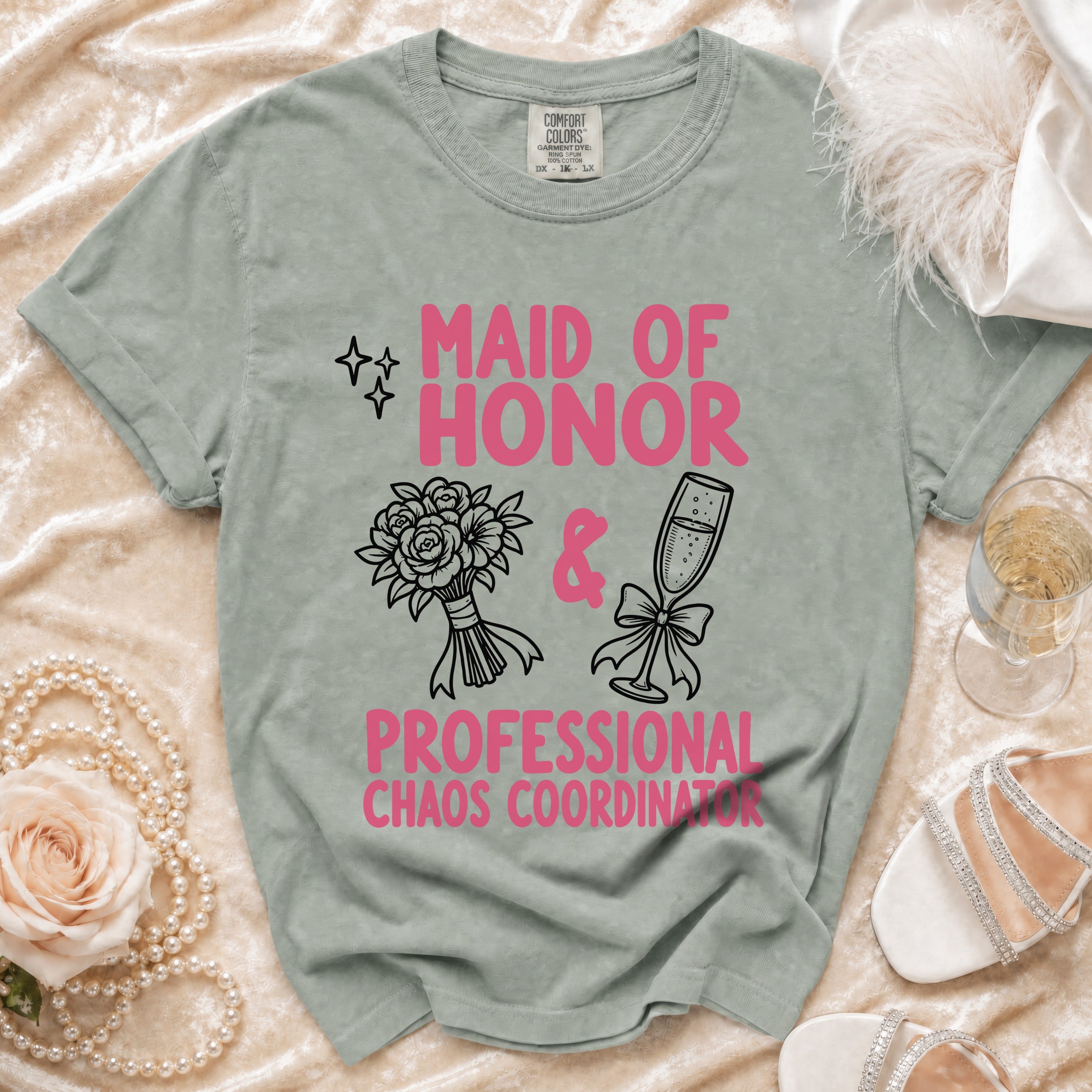 Maid of Honor professional chaos coordinator t-shirt with floral and champagne graphics.