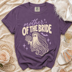 Purple t-shirt with "Mother of the Bride" text and ghost graphic.