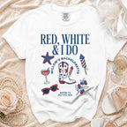 White t-shirt with "Red, White & I Do" and bachelorette graphics for Austin, TX, July 4th, 2026.