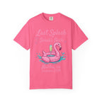 Pink t-shirt with "Last Splash Sarah's Bach Malibu, CA Summer 2026" text and flamingo float.