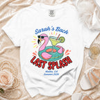 White t-shirt with "Sarah's Bach LAST SPLASH Malibu, CA Summer 2026" and flamingo graphic.