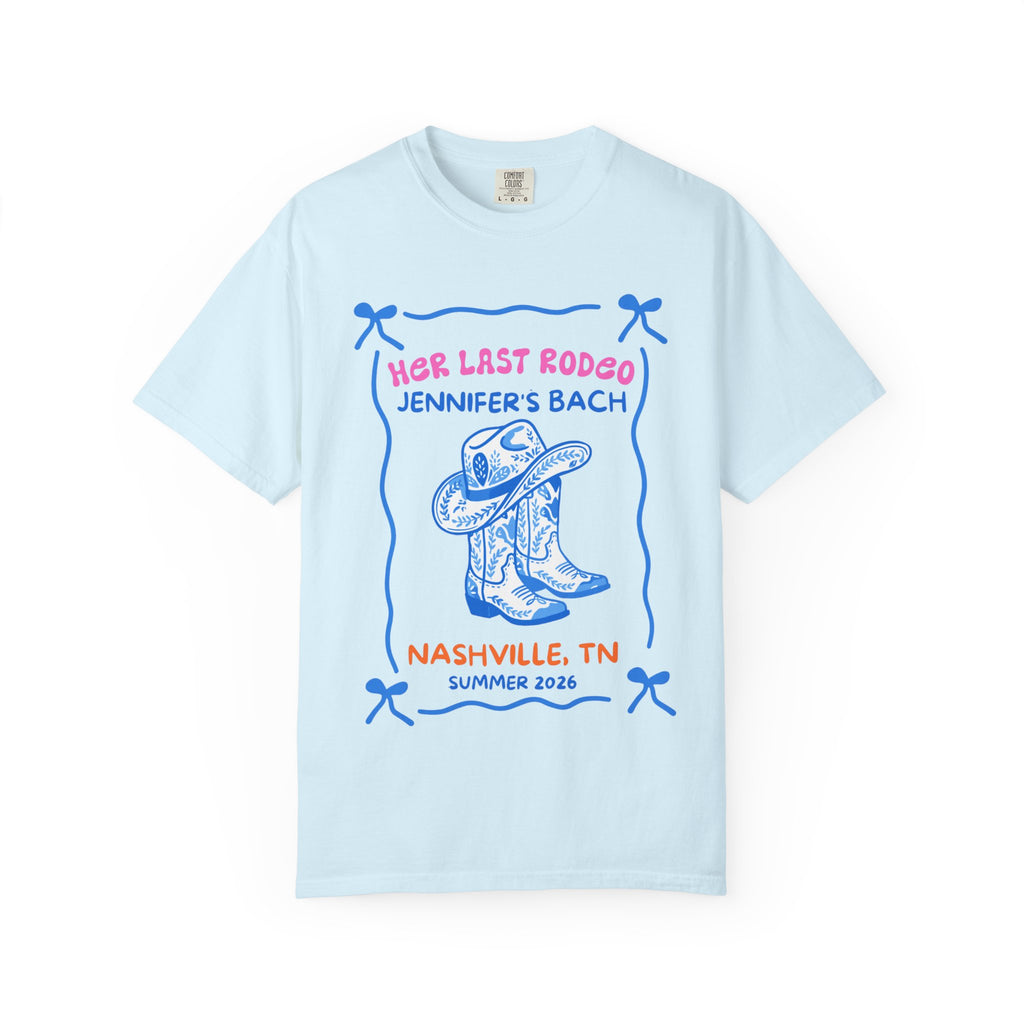 Light blue t-shirt with "Her Last Rodeo" cowboy boots, Nashville, TN, Summer 2026.