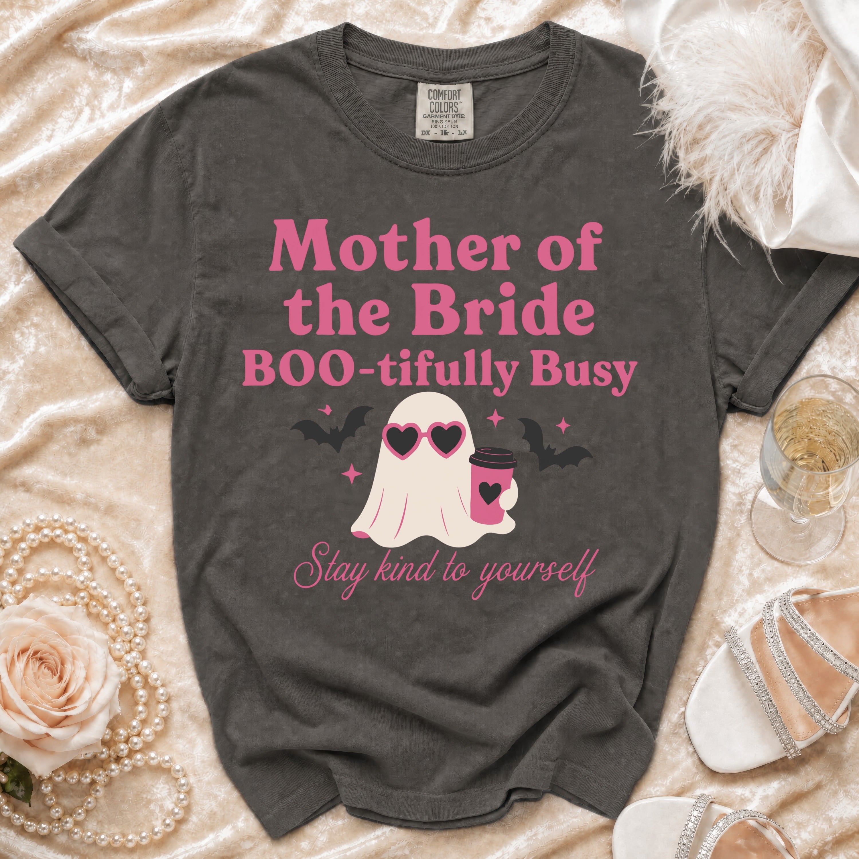Dark gray t-shirt with "Mother of the Bride BOO-tifully Busy" and a ghost.