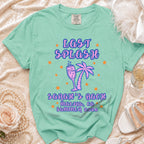 Mint green t-shirt with "Last Splash Sarah's Bach Malibu, Ca Summer 2026" text.