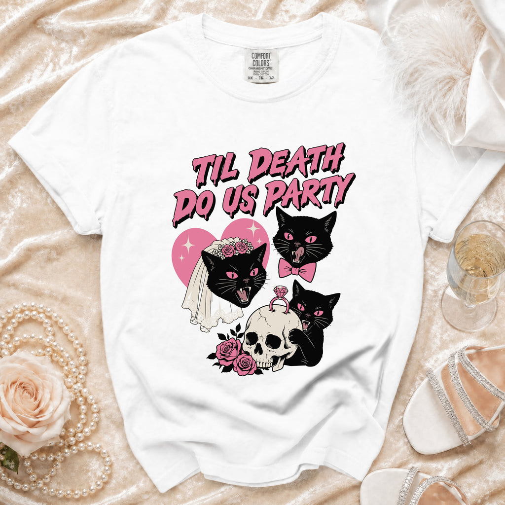 White t-shirt with "Til Death Do Us Party" text and black cats.
