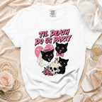 White t-shirt with "Til Death Do Us Party" text and black cats.