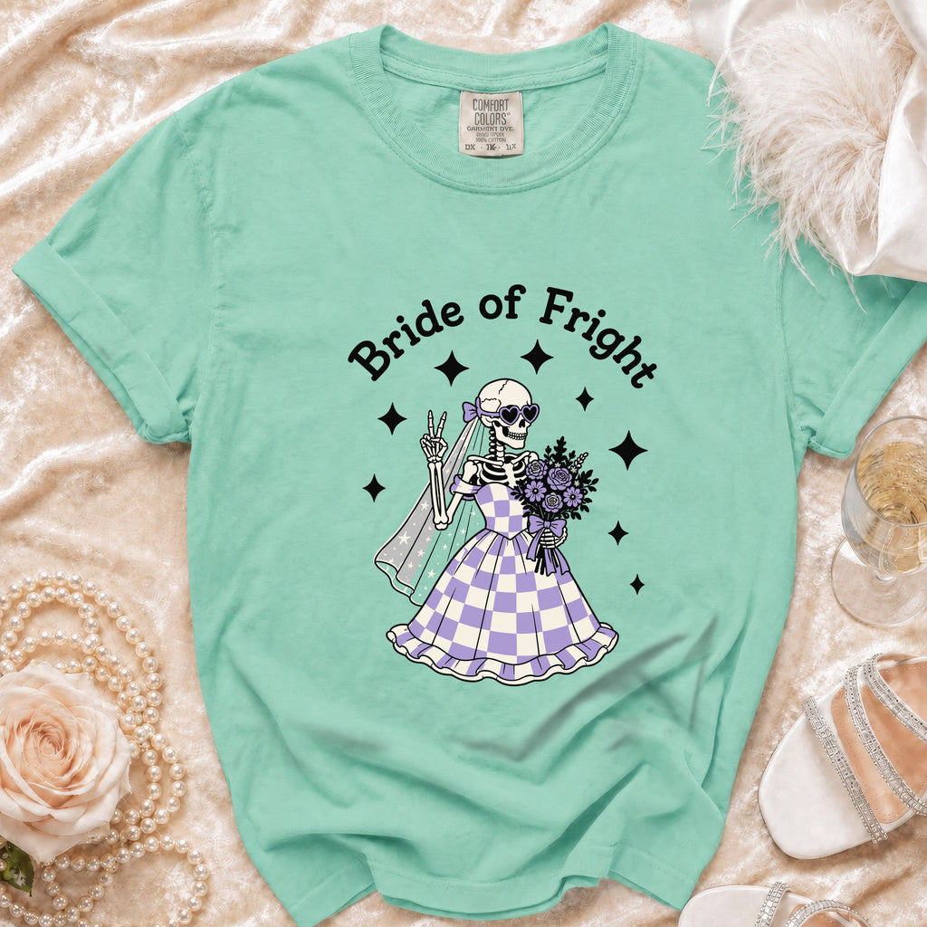 Mint green t-shirt with skeleton bride design and "Bride of Fright" text.