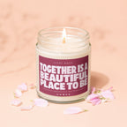 Candle with text "Together is a beautiful place to be" and "Vowed".