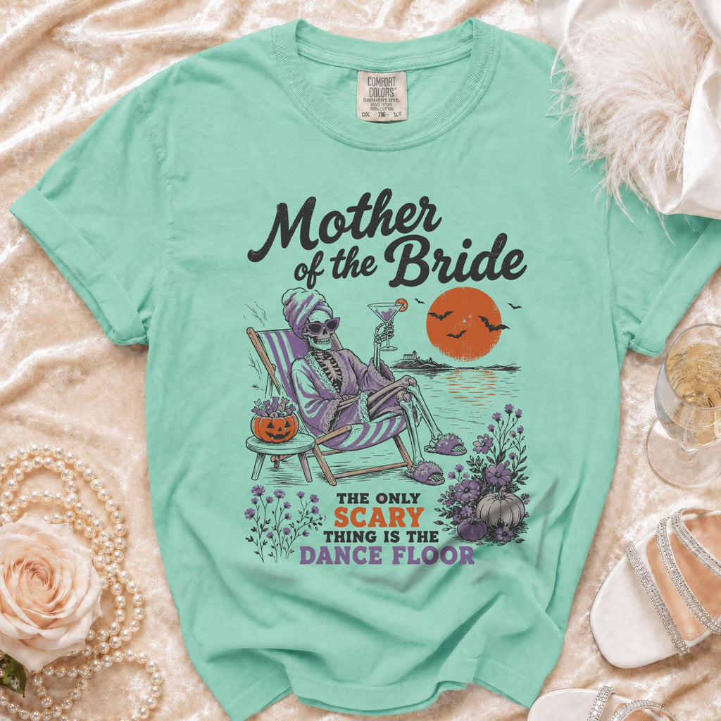 Mother of the Bride t-shirt with skeleton, beach scene, and humorous text.