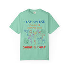 T-shirt with "Last Splash Malibu, CA Summer 2026 Sarah's Bach" and colorful graphics.